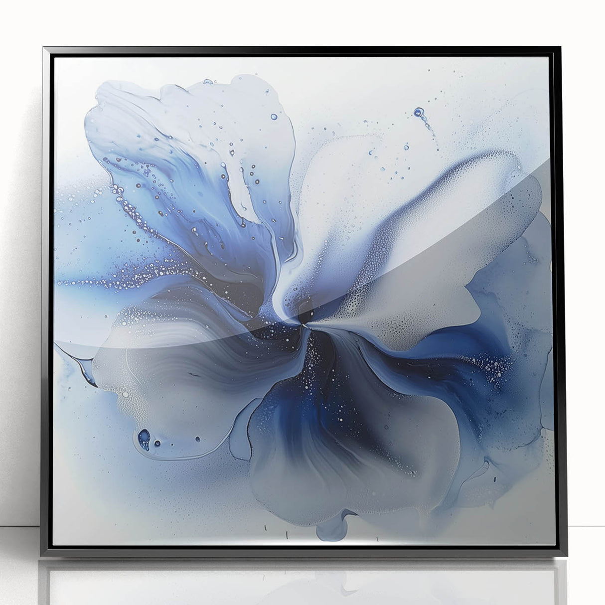 Framed acrylic artwork featuring vibrant abstract floral designs in shades of pink, blue, and green, set against a sleek black frame, ideal for modern decor.