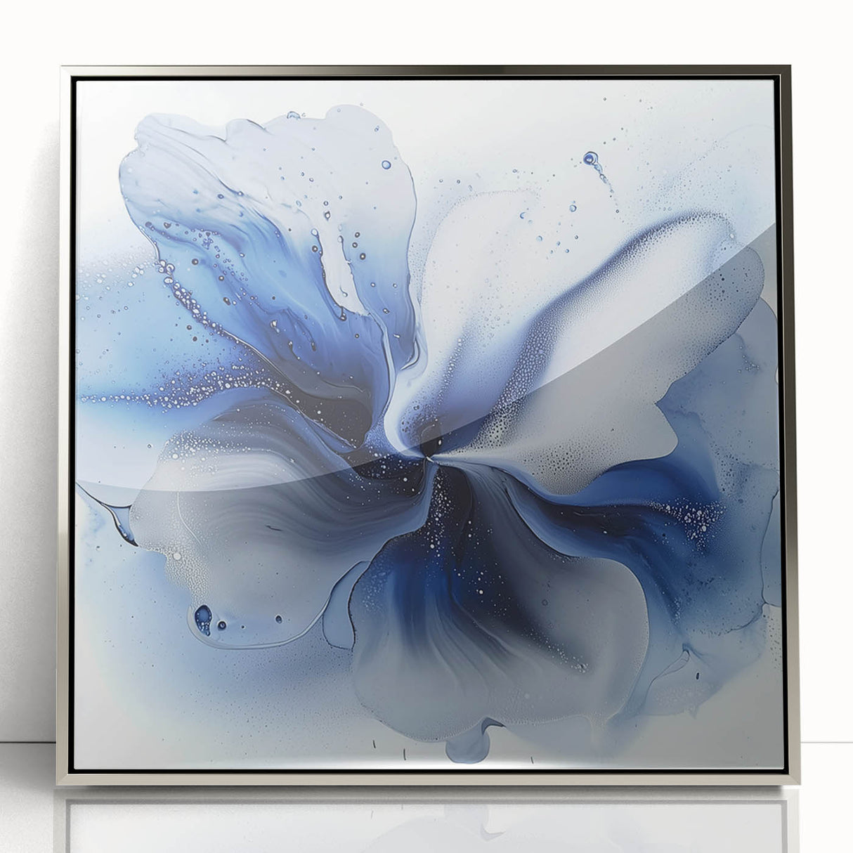Framed abstract floral artwork in silver acrylic, showcasing vibrant colors and intricate designs, perfect for modern home decor and enhancing interior aesthetics.