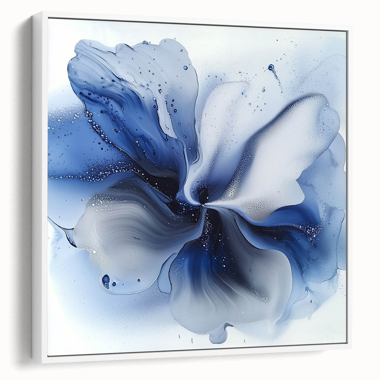 Framed canvas artwork showcasing abstract floral designs with vibrant colors, displayed in a sleek white frame, perfect for modern home decor. Ideal for adding a touch of elegance to living spaces.