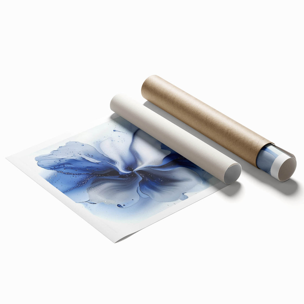 Abstract floral rolled print showcasing vibrant colors and intricate patterns, elegantly packaged in a protective cardboard tube for shipping. Ideal for modern home decor.