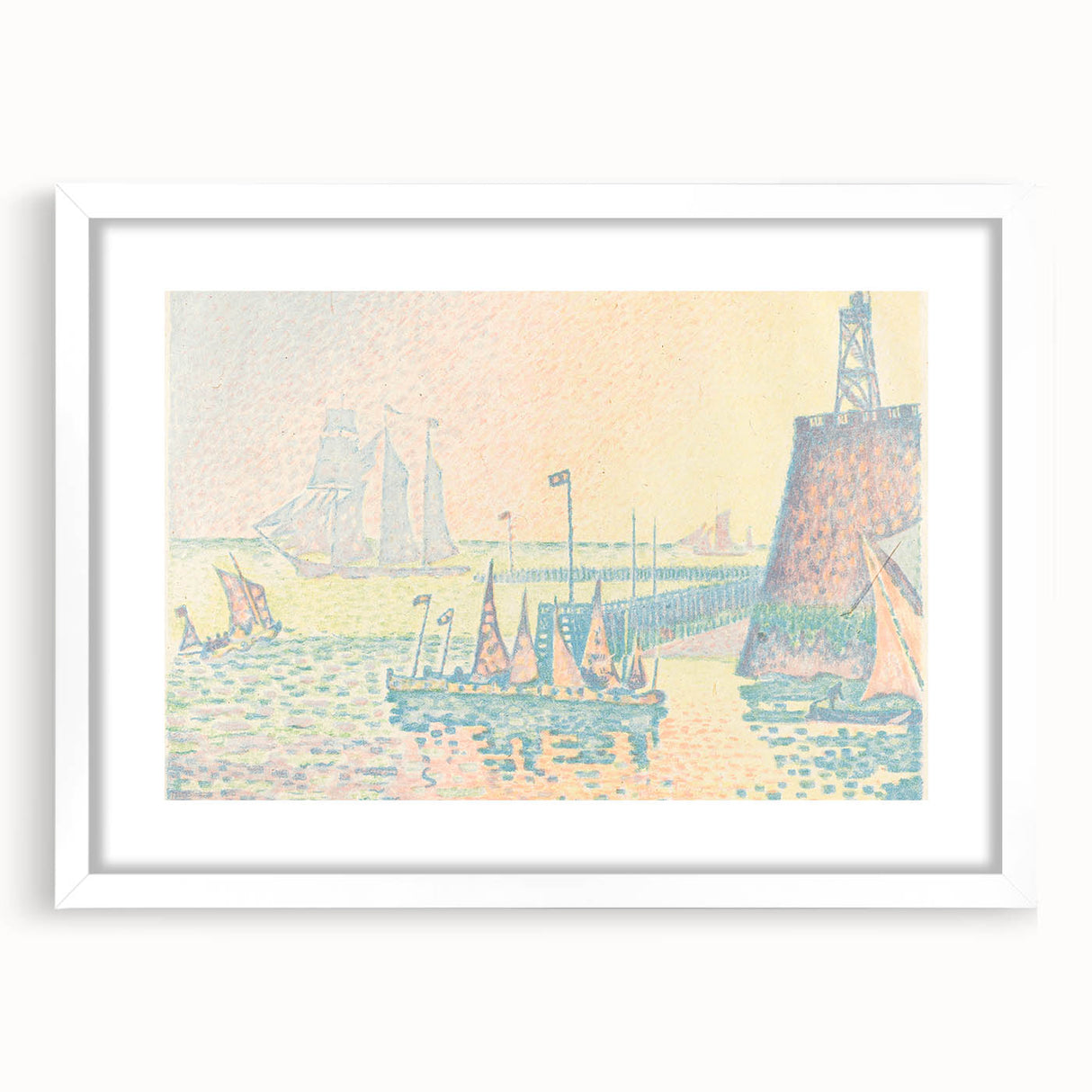 Pastel Seascape Wall Art - Soft Pointillist Evening Harbor Decor