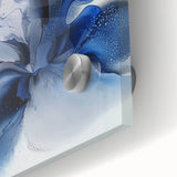 Close-up of an abstract floral acrylic painting on glass, showcasing vibrant colors of blue, pink, and green with intricate details, perfect for modern home decor.