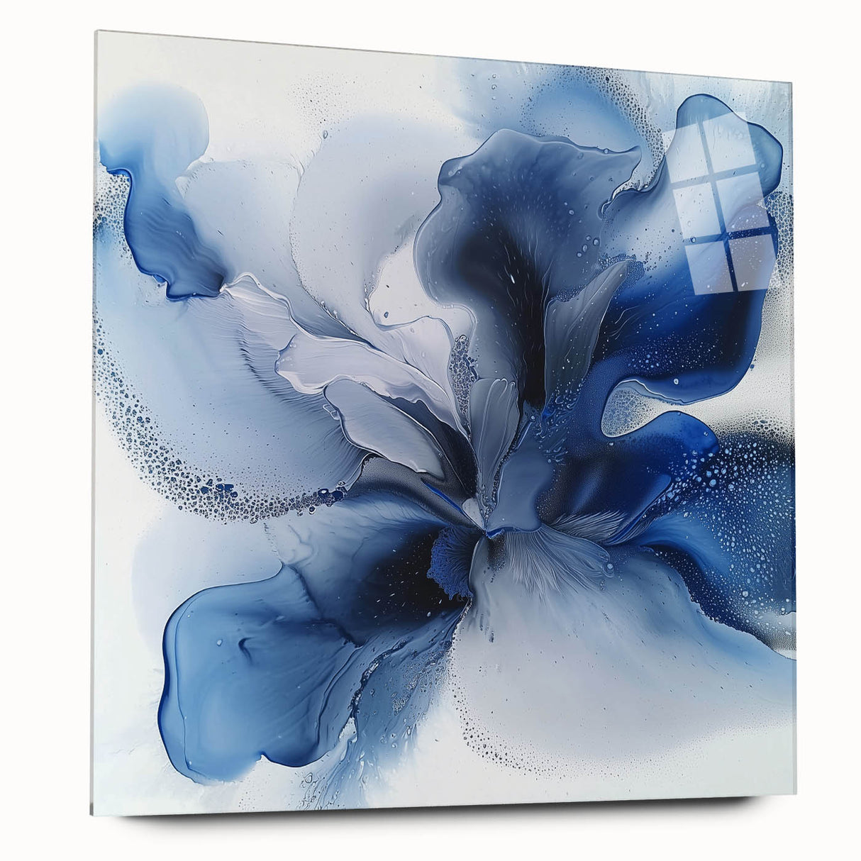Abstract floral design on acrylic glass, showcasing vibrant colors and intricate patterns, displayed in a side view without pins, perfect for modern decor.