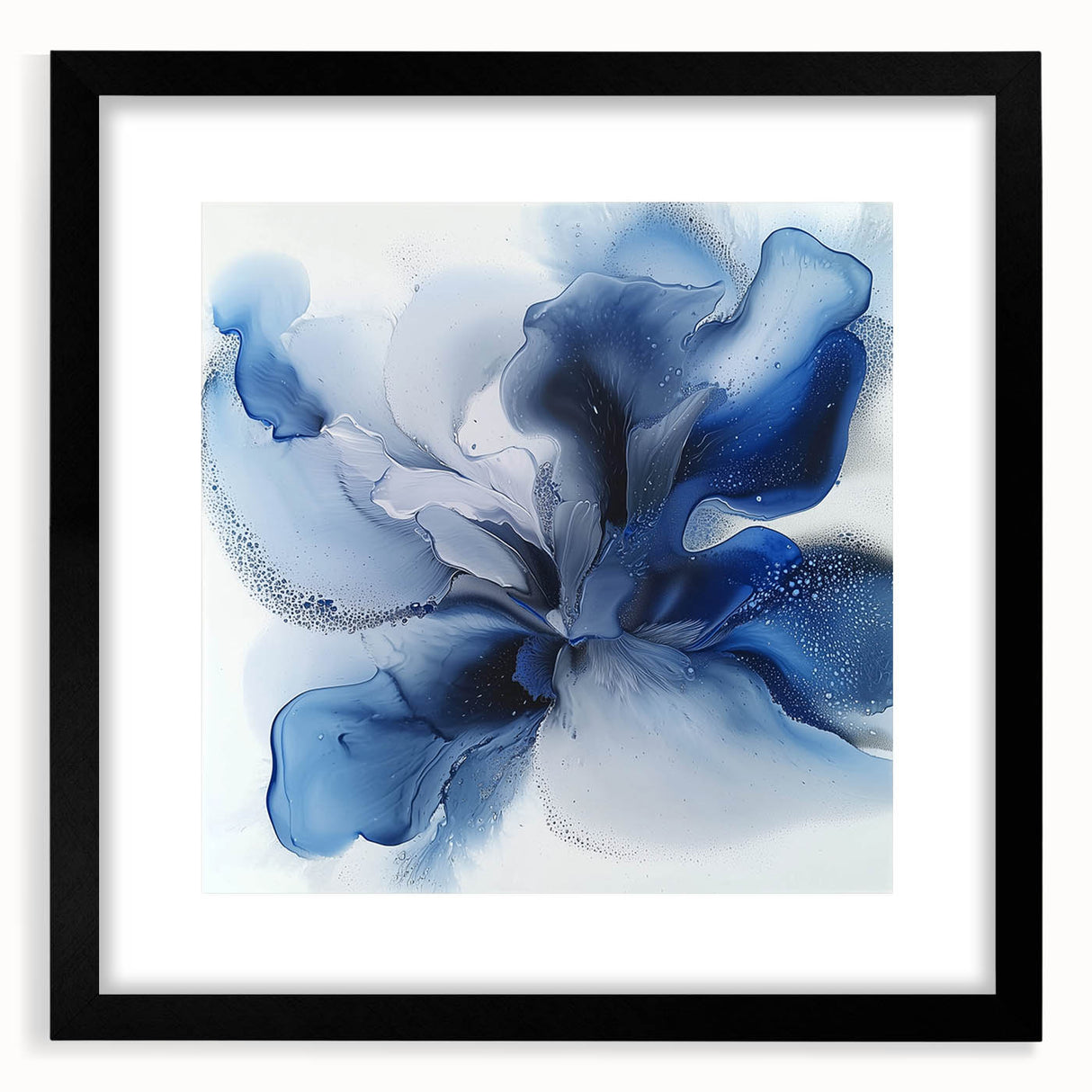 Abstract floral artwork framed with a black mat, showcasing vibrant colors and intricate patterns, ideal for modern home decor or gallery displays.