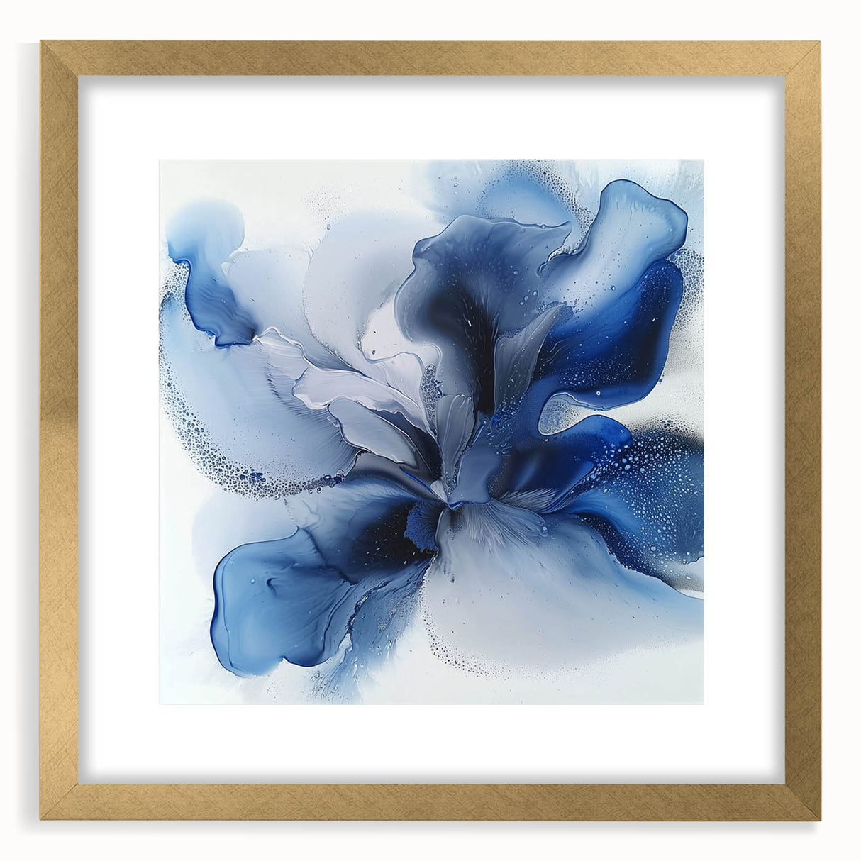 Abstract floral artwork framed in gold, showcasing vibrant colors and intricate designs, perfect for enhancing modern home decor. The mat adds depth and elegance, creating a sophisticated focal point for any room.
