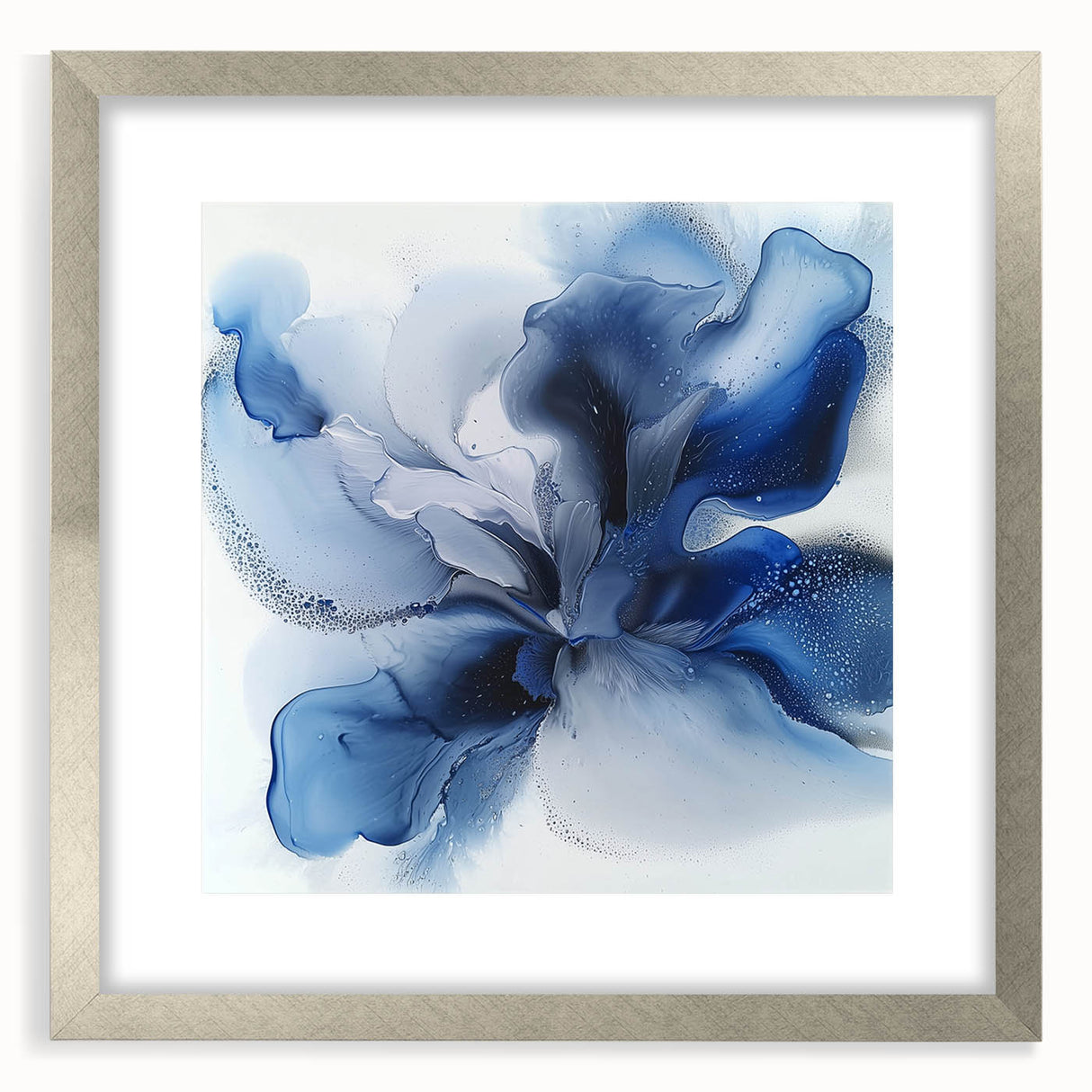 Abstract floral artwork framed in silver matting, showcasing vibrant colors and intricate designs, ideal for modern home decor or art enthusiasts.