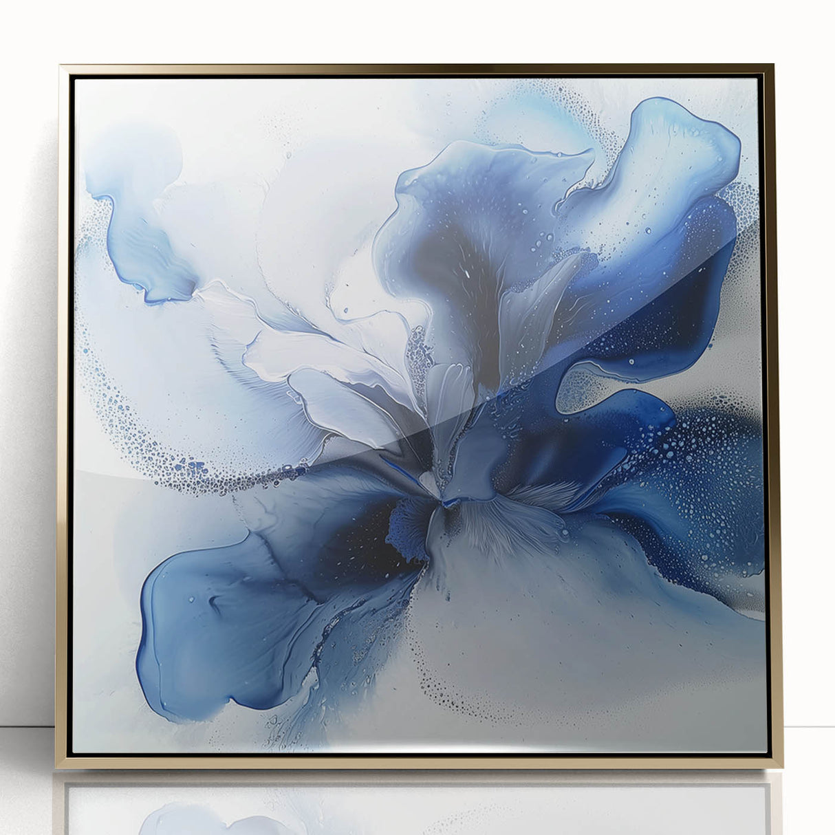 Framed acrylic artwork showcasing a vibrant abstract floral design with gold accents, set against a modern backdrop, perfect for contemporary home decor.