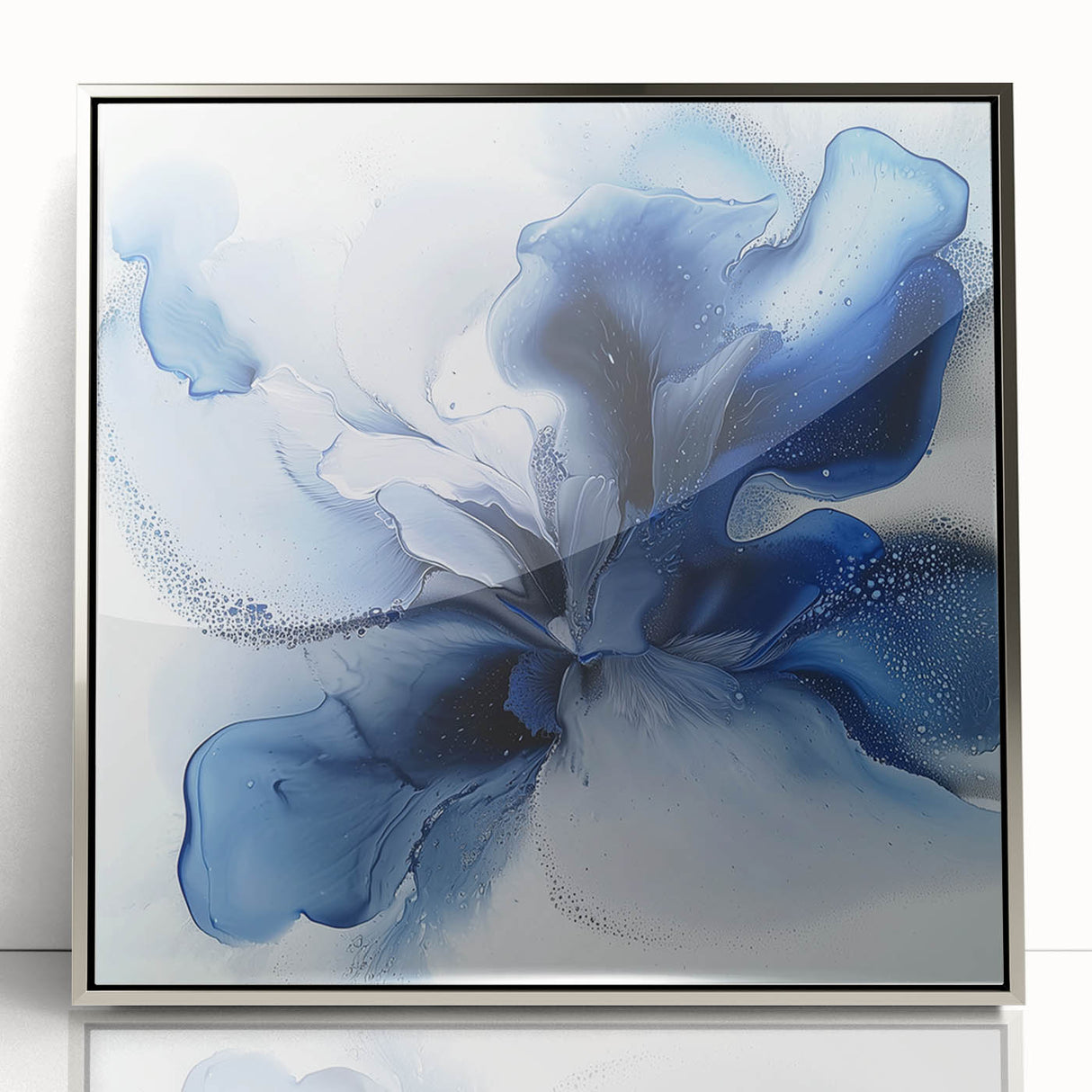 Framed acrylic artwork showcasing an abstract floral design with silver accents, perfect for modern home decor. Ideal for adding a touch of elegance to any room.