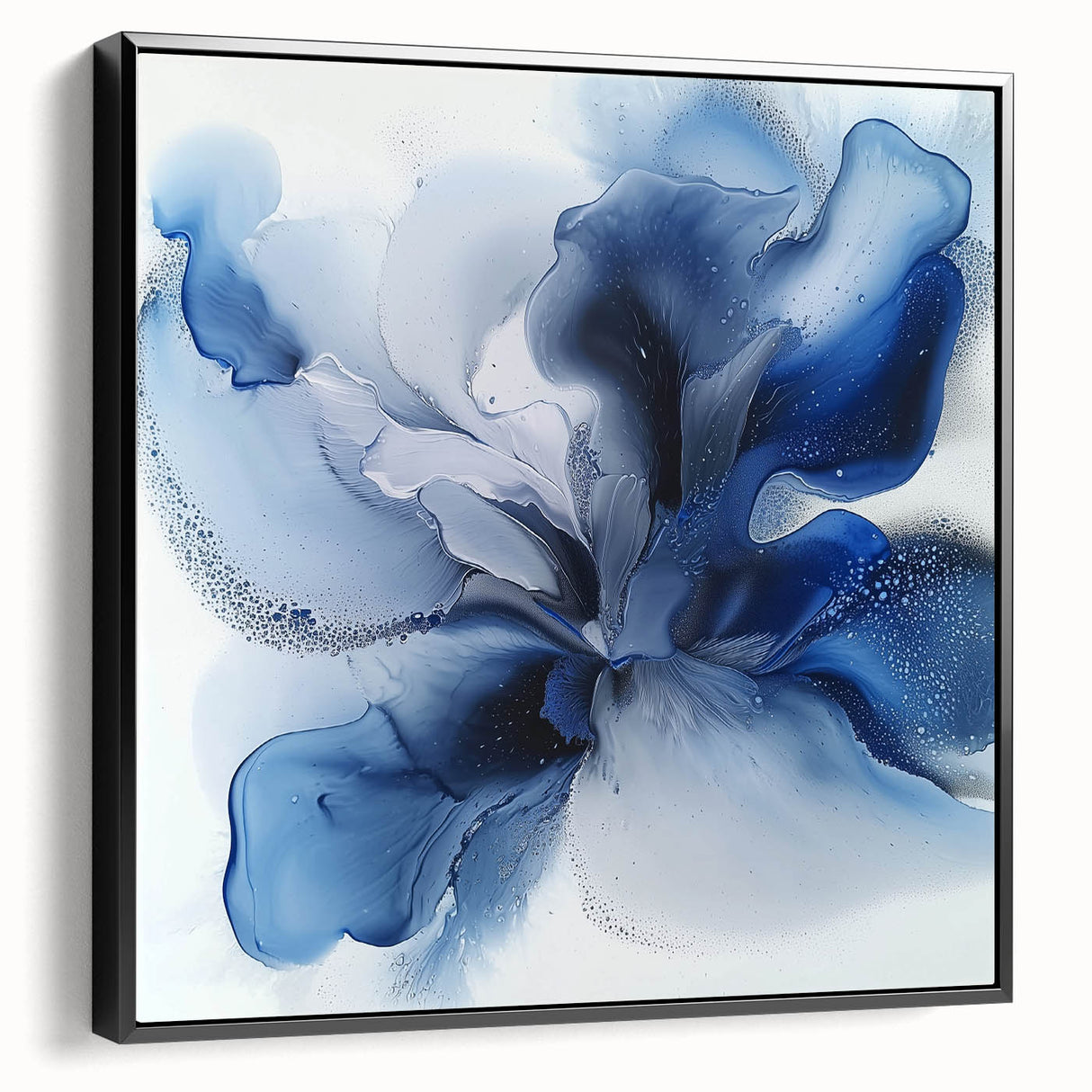 Framed canvas artwork showcasing an abstract floral design in vibrant colors with a sleek black frame, ideal for modern home decor and artistic ambiance.