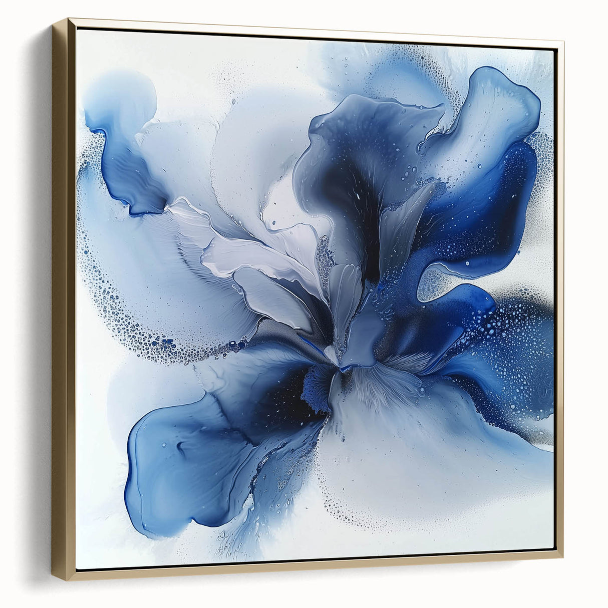 Framed canvas artwork featuring an abstract floral design in silver and gold hues, elegantly displayed against a neutral background, perfect for modern interior decor.