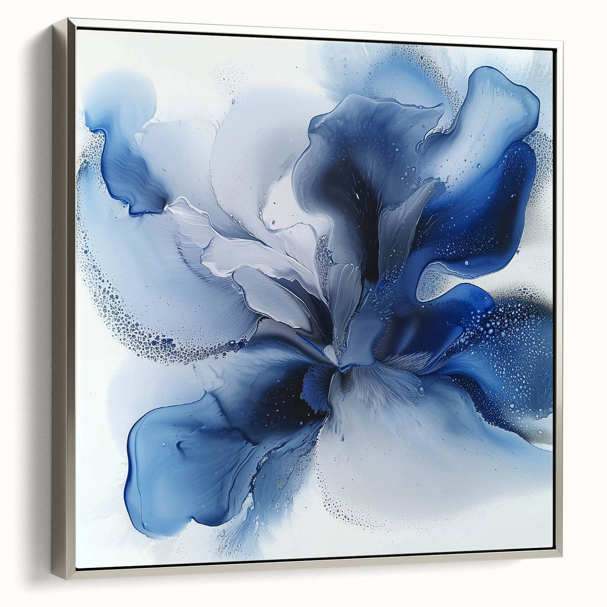 Framed canvas artwork showcasing vibrant abstract floral designs in silver tones, displayed from a side view, ideal for modern home decor.