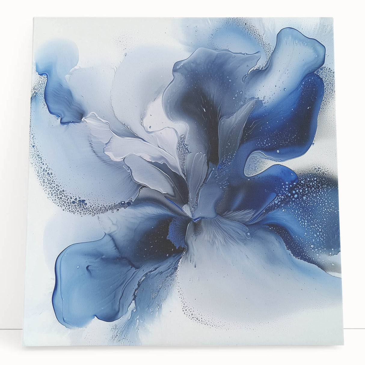 Abstract floral design on stretched canvas, featuring vibrant colors and intricate patterns, leaning against a textured wall, ideal for modern decor.