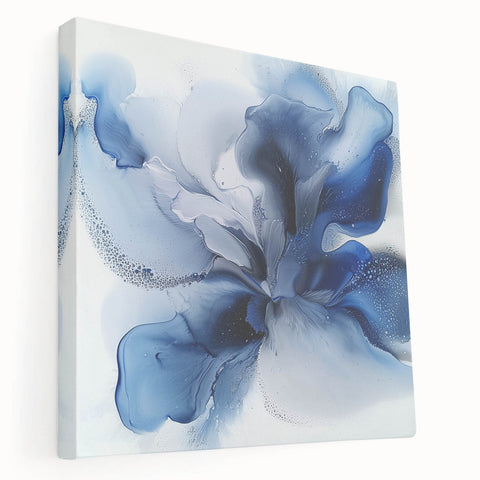 Stretched canvas artwork showcasing an abstract floral design in vibrant colors, displayed in a side view to highlight its depth and texture, ideal for modern home decor.