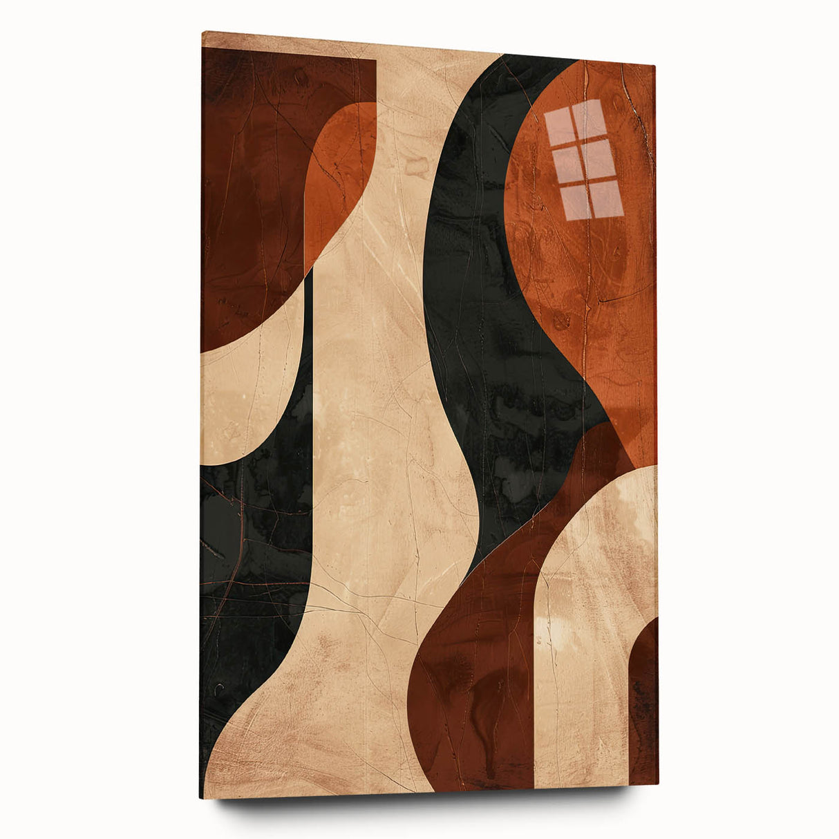Abstract minimalist wall art design displayed in a sleek acrylic frame, showcasing a vibrant interplay of colors and geometric shapes, perfect for modern decor.