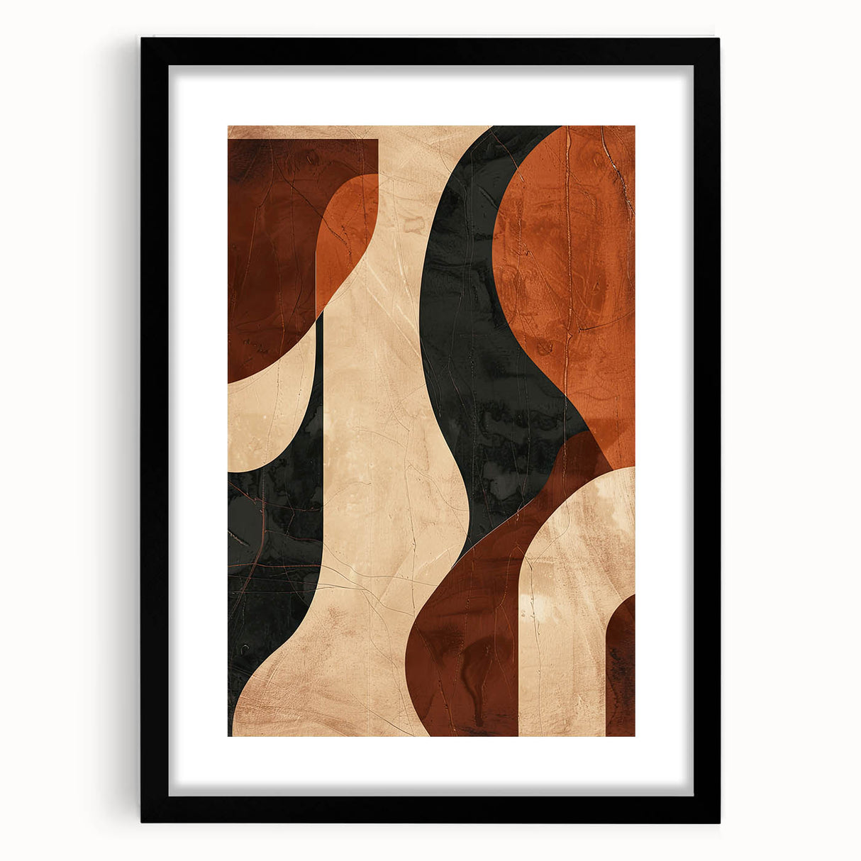 Abstract minimalist wall art in a black frame with a mat, showcasing geometric shapes and muted tones, perfect for modern home decor or office spaces.