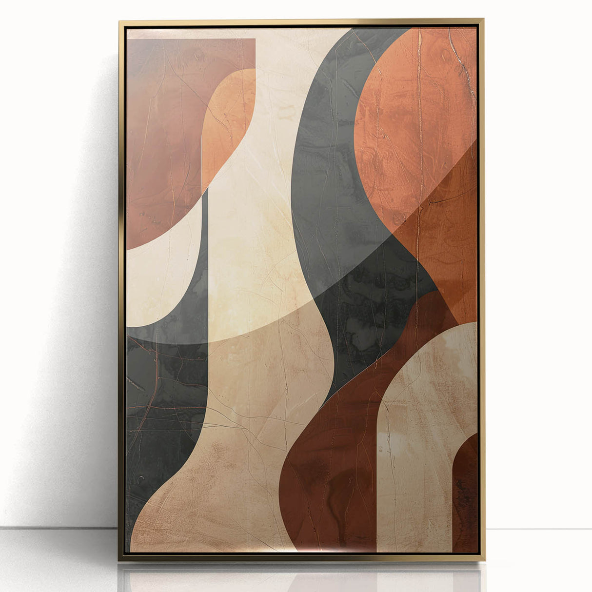 Framed abstract minimalist wall art featuring a gold-accented design on an acrylic surface, ideal for modern decor in living rooms or offices.