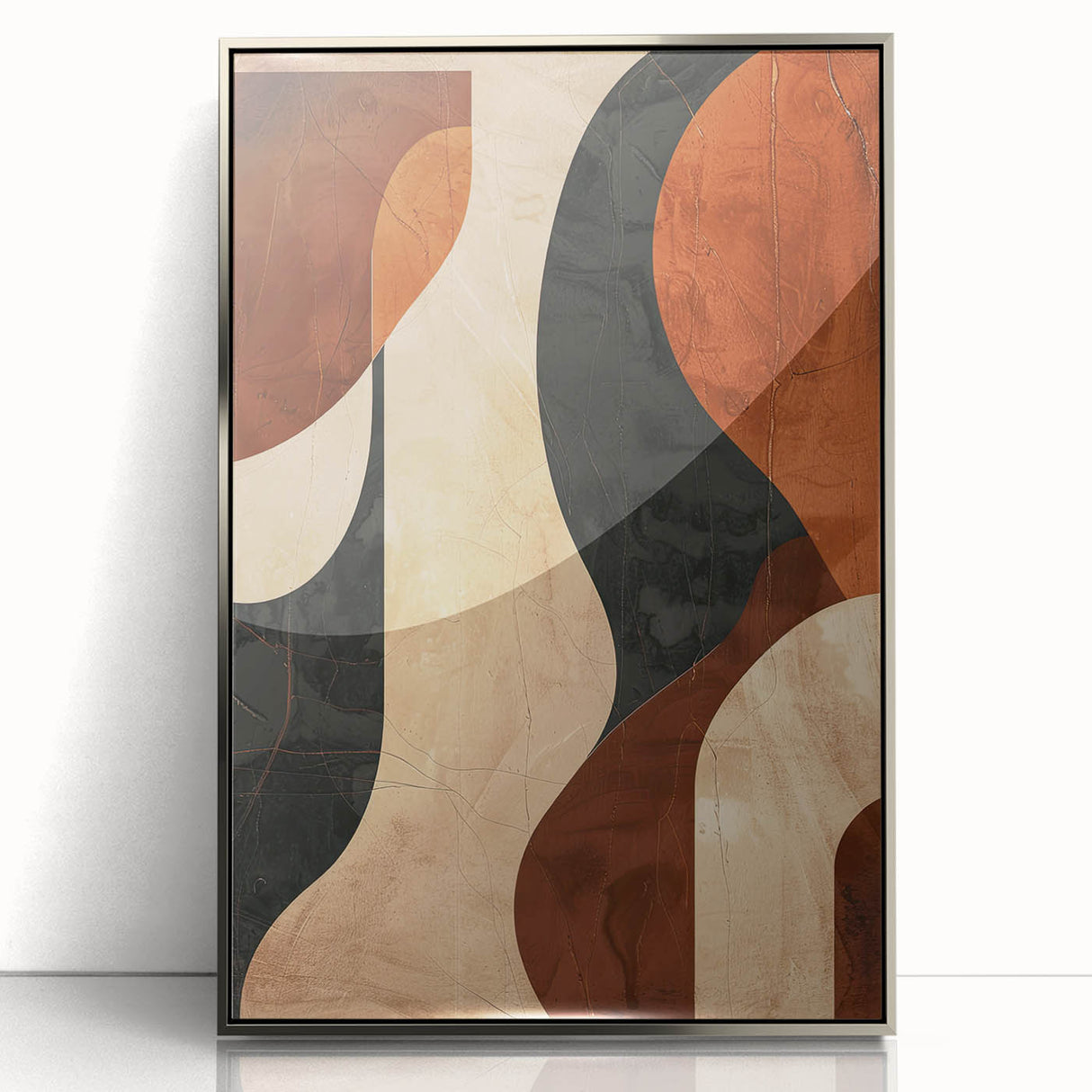 Framed acrylic wall art featuring an abstract minimalist design in silver tones, showcasing a sleek front view, perfect for modern home decor.
