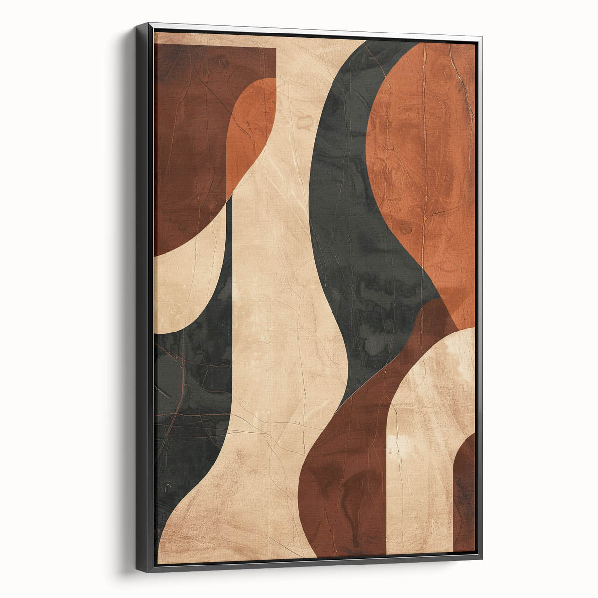 Framed minimalist abstract wall art featuring a black and white design, showcased from a side view, perfect for modern home decor or office spaces.
