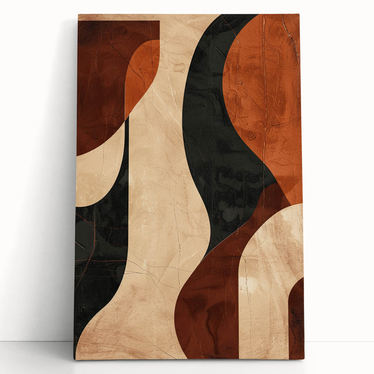Abstract minimalist wall art design on a stretched canvas, featuring soft pastel colors and geometric shapes, leaning against a neutral wall, adding a contemporary touch to home decor.