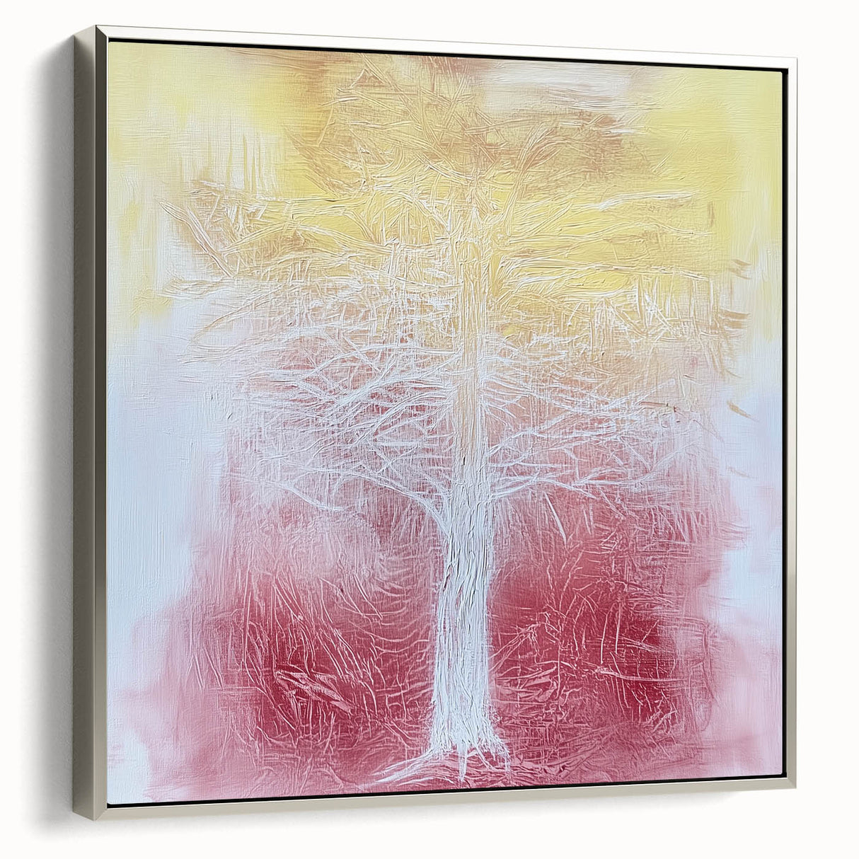 Framed canvas artwork showcasing an abstract floral design with vibrant colors and intricate details, presented in a sleek silver frame, adding elegance to any decor.