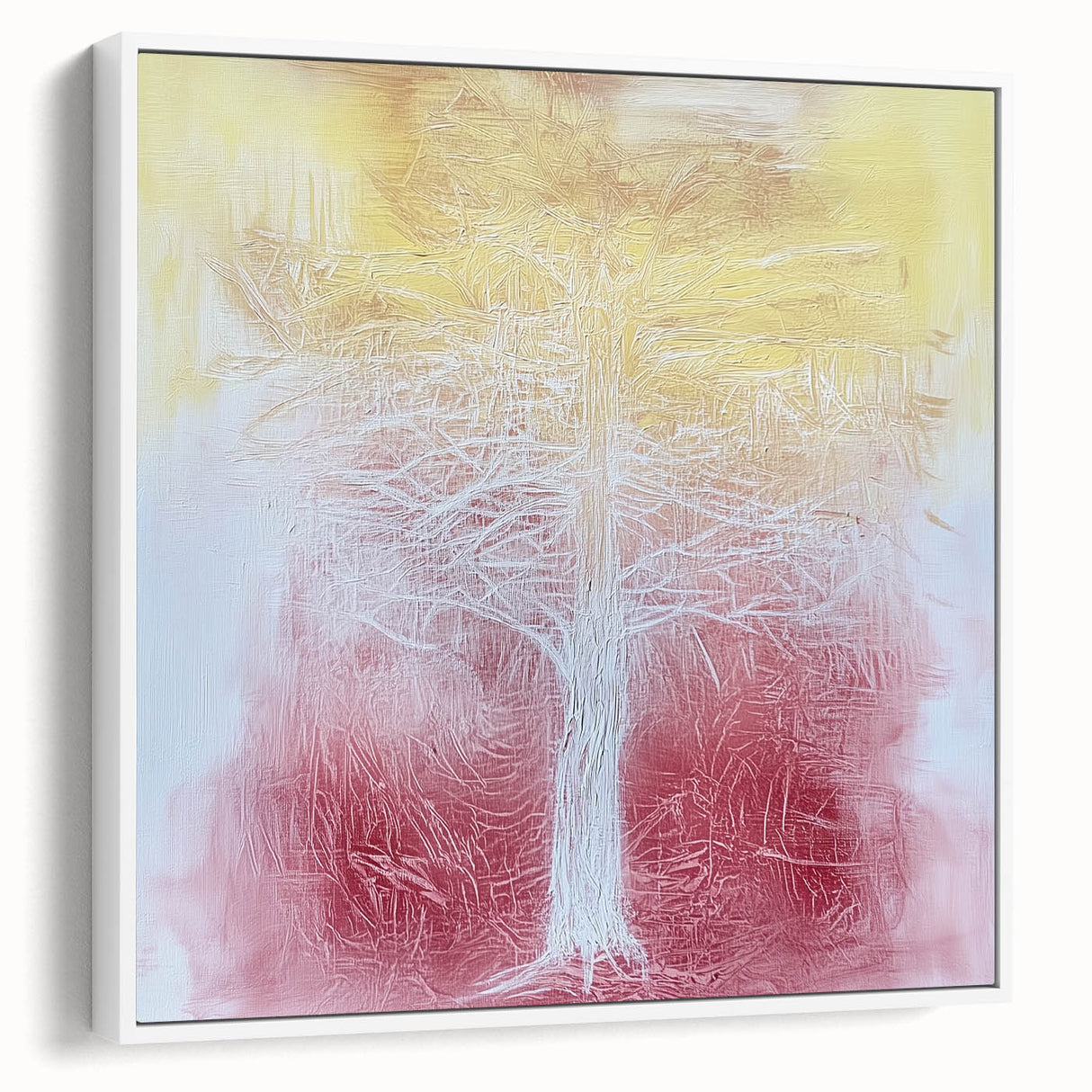 Framed canvas artwork displaying an abstract floral design in soft pastels, elegantly set against a white background, ideal for modern home decor.