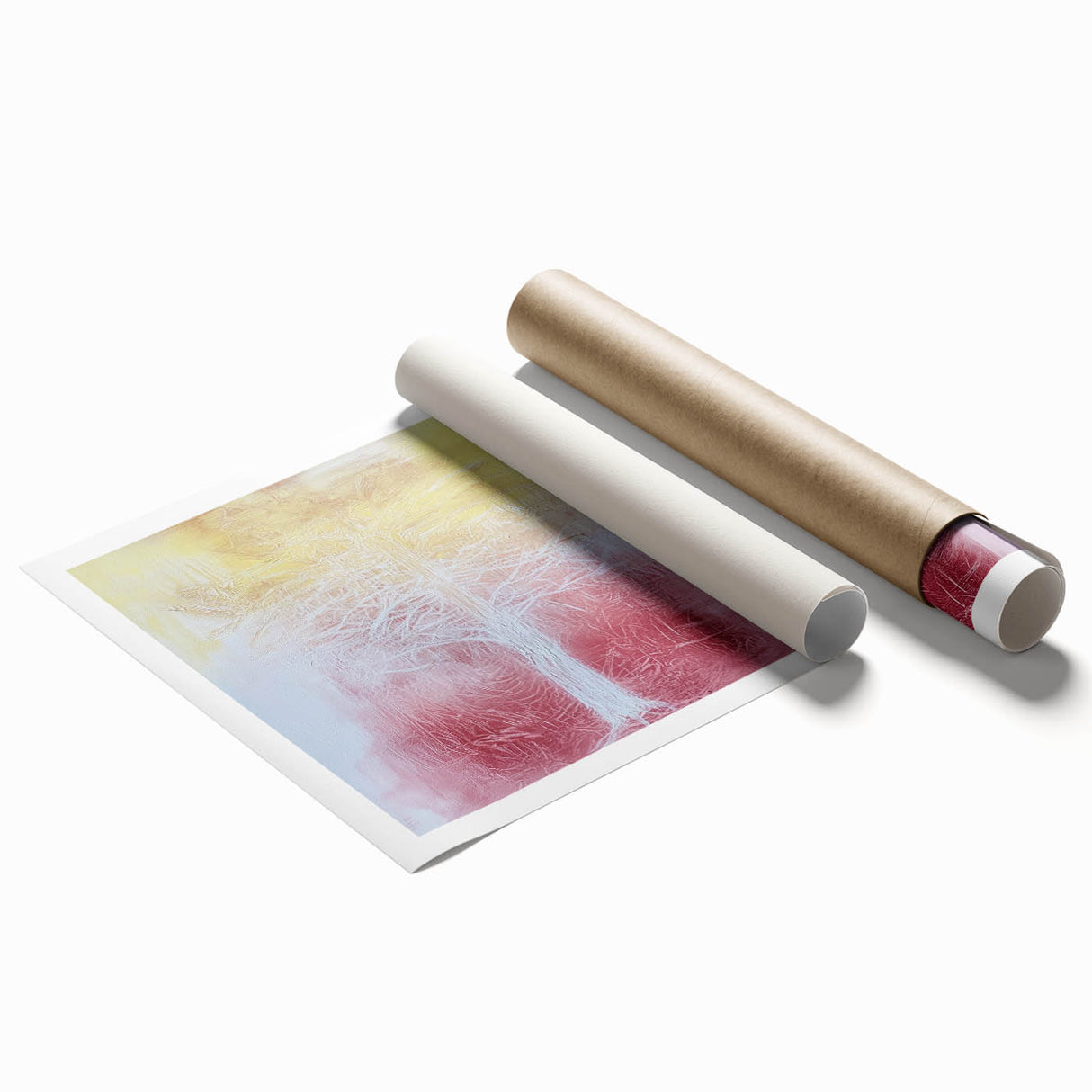 Abstract floral design on a rolled canvas print, showcasing vibrant colors and intricate patterns, ideal for modern home decor. Packaged securely in a cardboard tube for safe delivery.