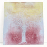 Vibrant abstract floral stretched canvas art piece, showcasing a colorful blend of pink, blue, and green hues, ideal for modern home decor and enhancing living spaces.