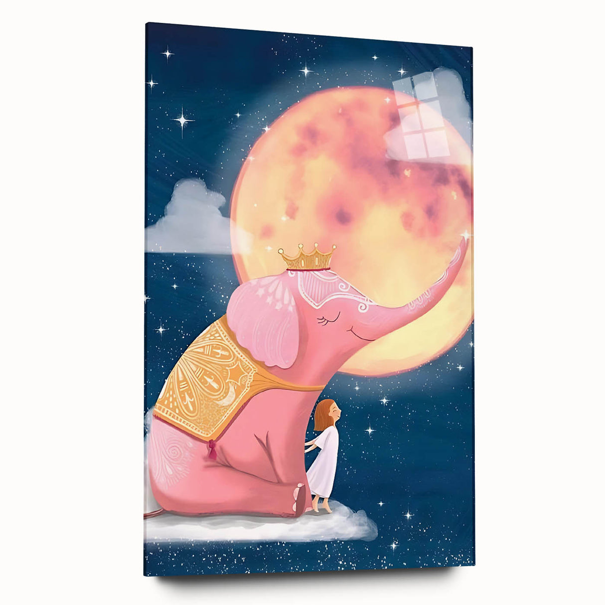 Children's Wall Decor - Dreamy Pink Elephant & Moon Nursery Art