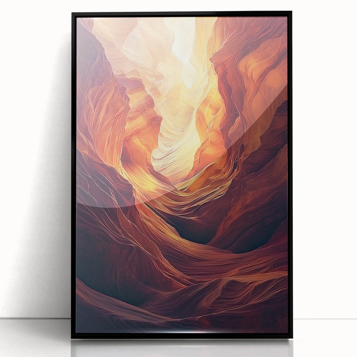 Framed acrylic artwork showcasing a stunning landscape cave scene with intricate details and vibrant colors, perfect for home décor or office display.