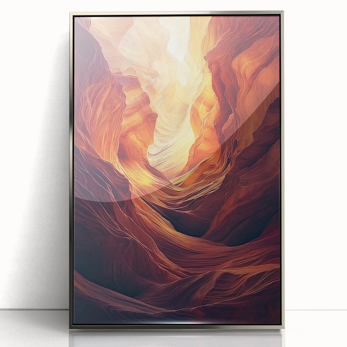Framed acrylic artwork showcasing a stunning silver landscape with intricate cave details, perfect for modern home decor. Ideal for nature enthusiasts and art lovers.