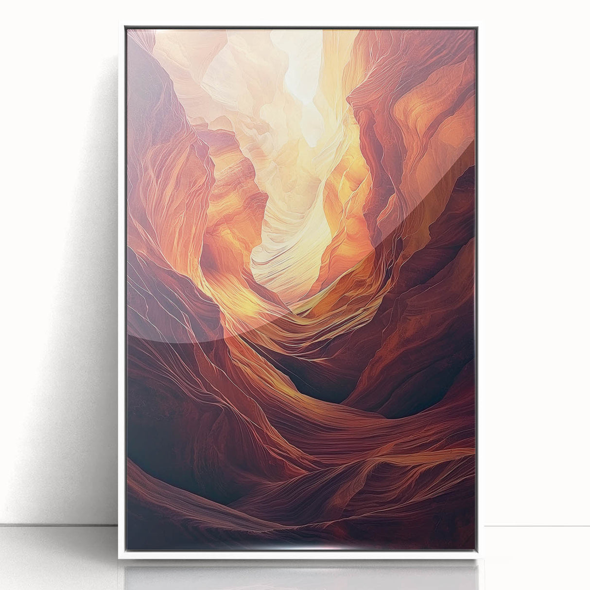 Framed acrylic wall art showcasing a serene landscape with caves, set against a white backdrop, ideal for modern home decor and nature-inspired aesthetics.