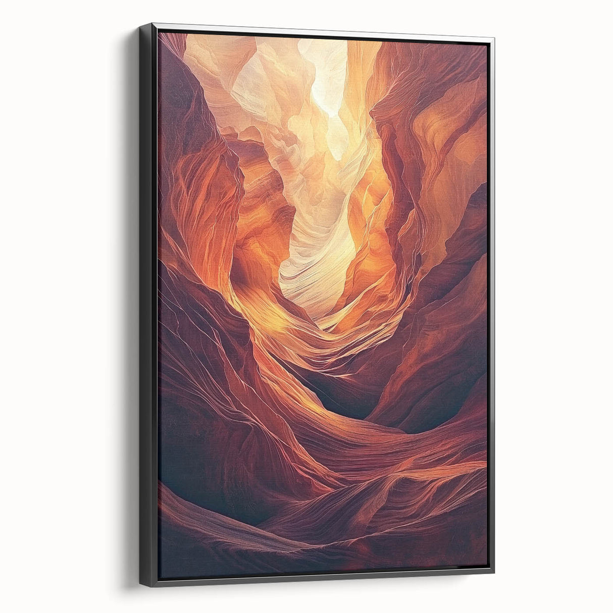 Framed canvas artwork depicting a stunning landscape with caves, showcased from a black side view. Perfect for enhancing modern home decor and artistic ambiance.