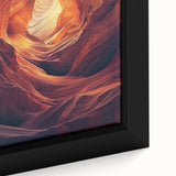Close-up of a framed canvas artwork depicting a serene landscape with intricate cave formations, showcasing earthy tones of brown and green, ideal for home decor.