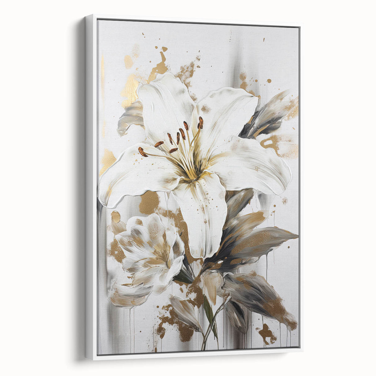 Elegant White Lily & Gold Floral Wall Art – Modern Canvas Print