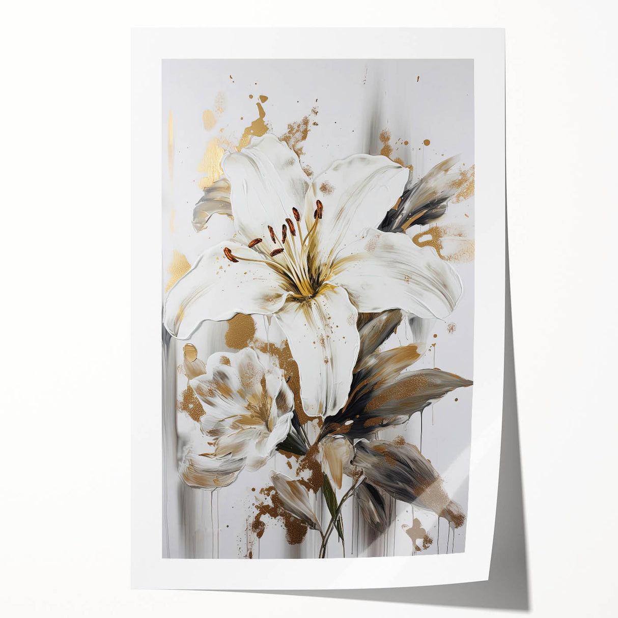 Elegant White Lily & Gold Floral Wall Art – Modern Canvas Print