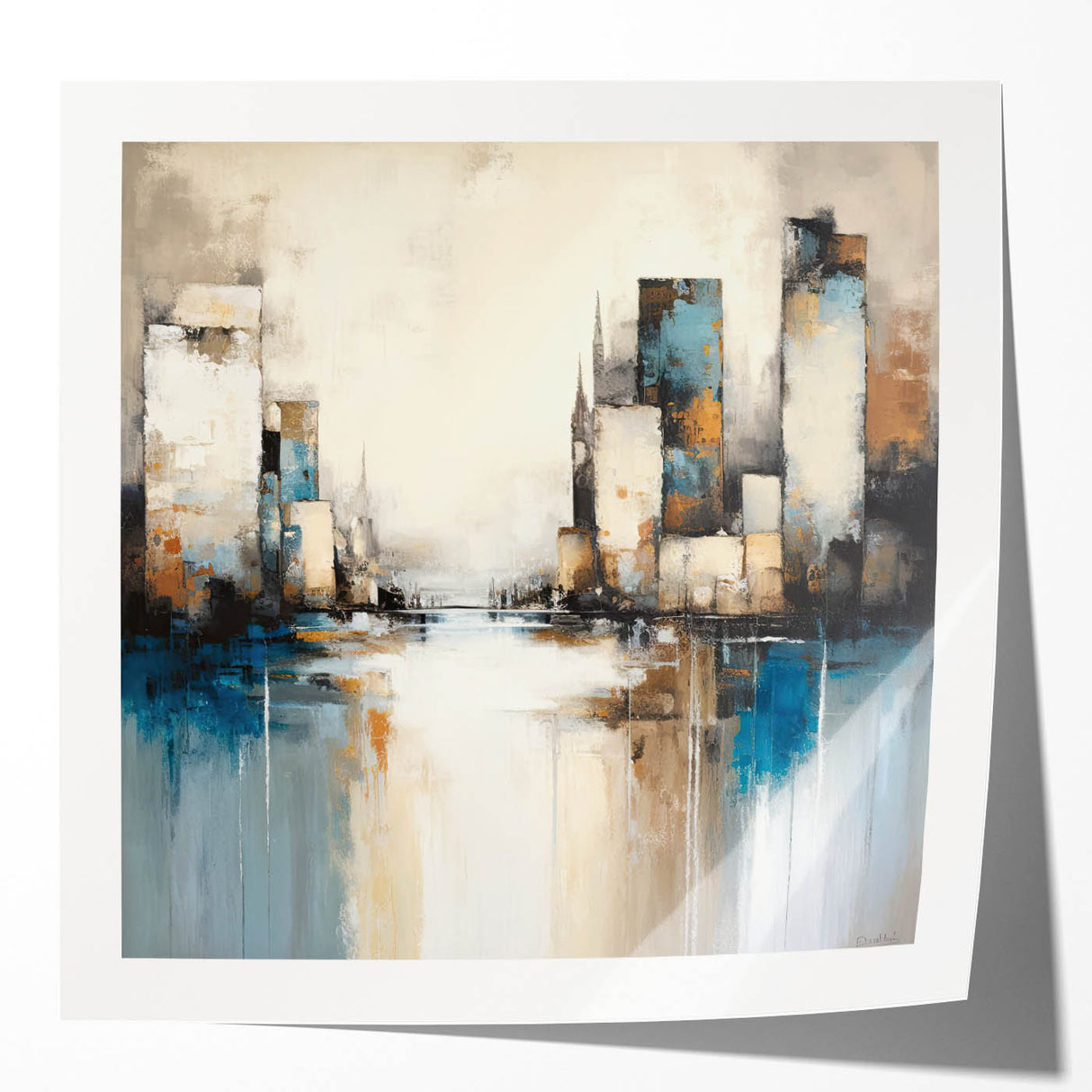 Abstract architecture wall art print showcasing a modern design with geometric shapes in bold colors, displayed in a glossy mockup setting for visual appeal.