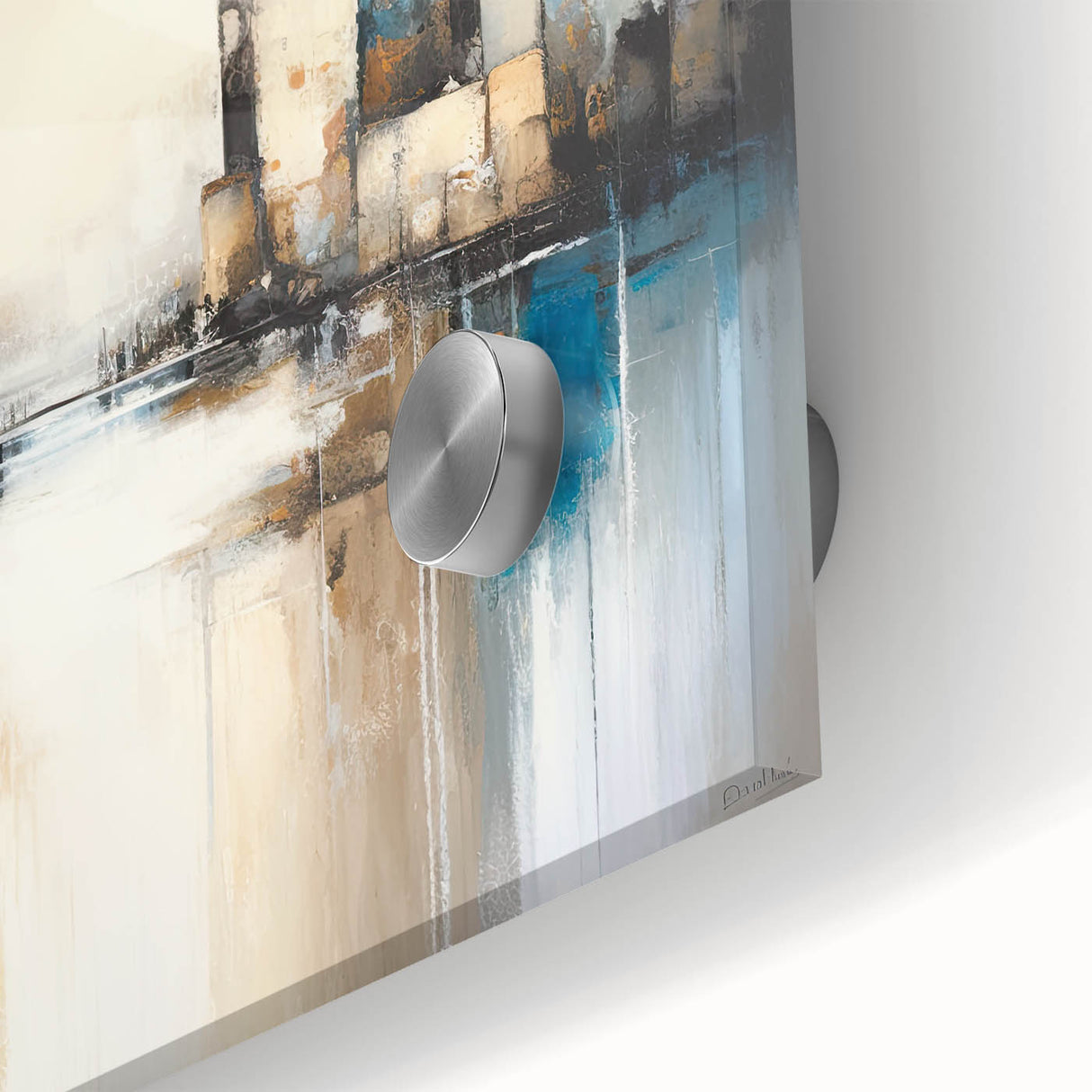 Close-up of abstract architecture wall art on acrylic glass, showcasing geometric shapes and vibrant colors, designed to enhance modern interior decor.