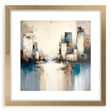 Abstract architecture wall art framed in gold with a mat, showcasing geometric shapes and soft colors, perfect for modern home decor. Ideal for enhancing living spaces with contemporary style.