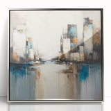 Framed abstract architecture wall art in silver, showcasing geometric patterns and modern design elements, ideal for contemporary home decor.