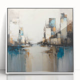 Framed abstract architecture wall art showcasing geometric shapes and vibrant colors against a sleek white background, perfect for modern home decor.