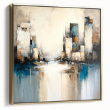 Framed canvas wall art showcasing an abstract architectural design with silver and gold tones, perfect for modern home decor, adding elegance and sophistication.