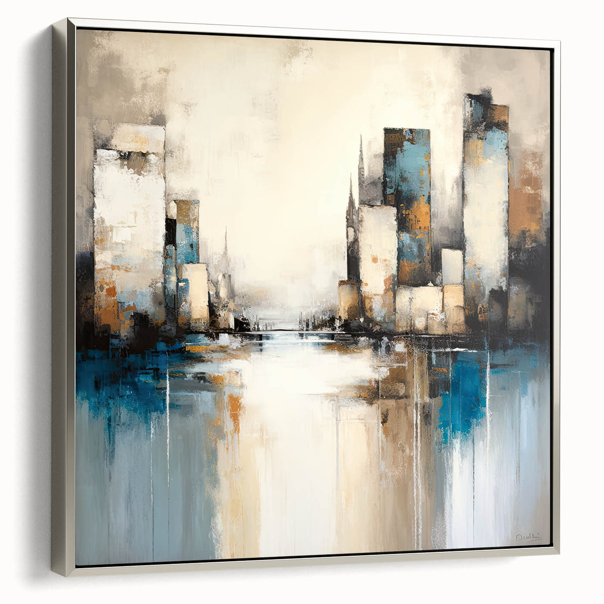 Framed abstract architecture wall art in silver, showcasing geometric designs and textures, ideal for modern home decor or office styling.
