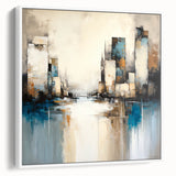 Abstract architecture wall art framed canvas with a sleek white border, showcasing geometric shapes and neutral tones, perfect for modern home decor.