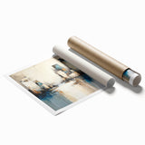 Abstract architectural wall art print showcasing dynamic geometric shapes and a vibrant color palette of blues and oranges, rolled and ready for framing.