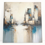 Abstract architecture wall art featuring bold geometric shapes in shades of blue and gray, printed on stretched canvas and elegantly leaning against a wall in a modern interior setting. Ideal for contemporary home decor.