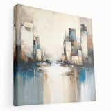 Abstract architectural wall art on stretched canvas, showcasing a modern design with geometric shapes and vibrant colors, displayed from a side view to highlight depth and texture. Perfect for contemporary home decor or art enthusiasts.