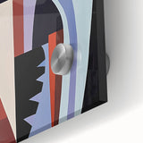 Close-up view of a vibrant abstract geometric design on acrylic glass, featuring bold colors and intricate patterns, ideal for modern decor.