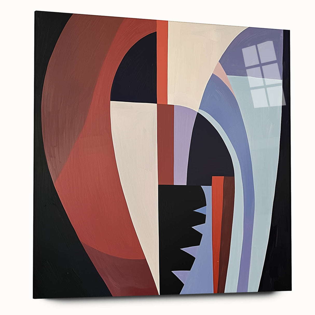 Abstract geometric acrylic glass artwork showcasing vibrant colors and unique shapes, displayed from a side view, emphasizing its modern design and reflective qualities. Ideal for contemporary home decor and art enthusiasts.