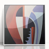 Framed abstract geometric wall art in white acrylic, showcasing a modern design with sharp angles and vibrant colors, ideal for contemporary decor.