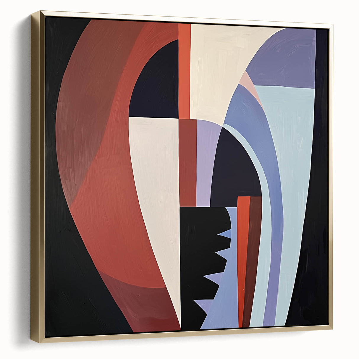 Abstract geometric framed canvas artwork in silver and gold tones, showcasing modern design elements and vibrant colors, ideal for contemporary home decor.